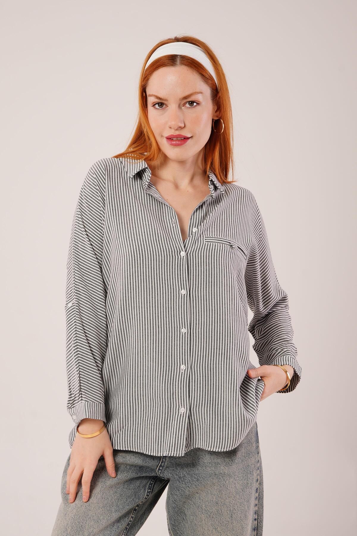 ARUZ MODA Cep Detay Çizgili Oversize Gri Gömlek