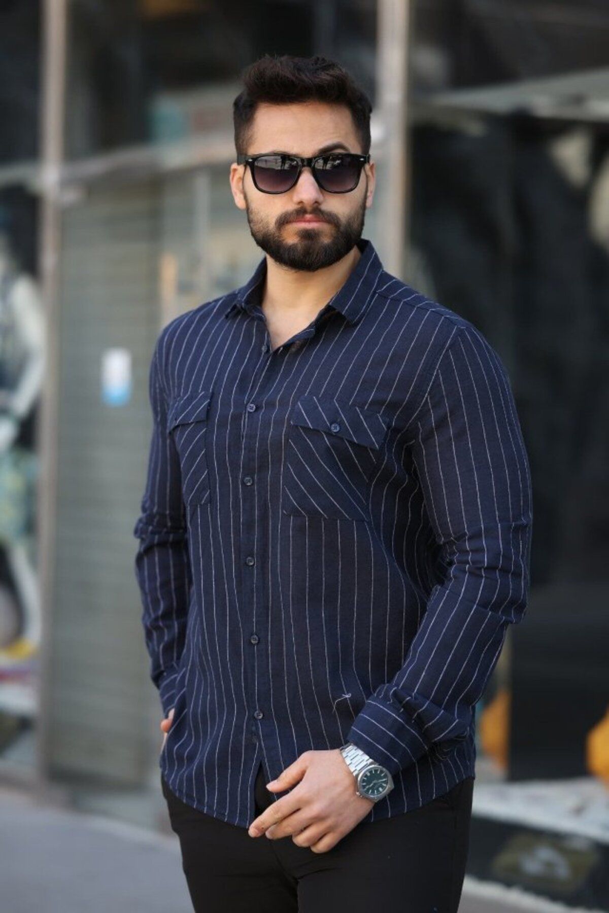 ARUZ MODA Erkek Pamuklu Çizgi Desenli Cep Detaylı Gömlek
