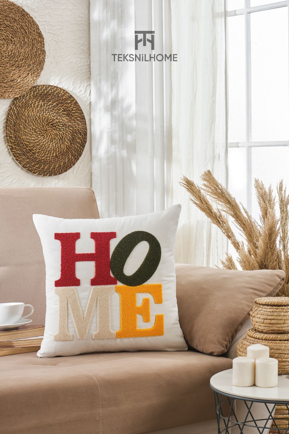 TeksNil Home Punch Nakışlı Home Desenli Kırlent Kılıfı Dekoratif Yastık Kılıfı