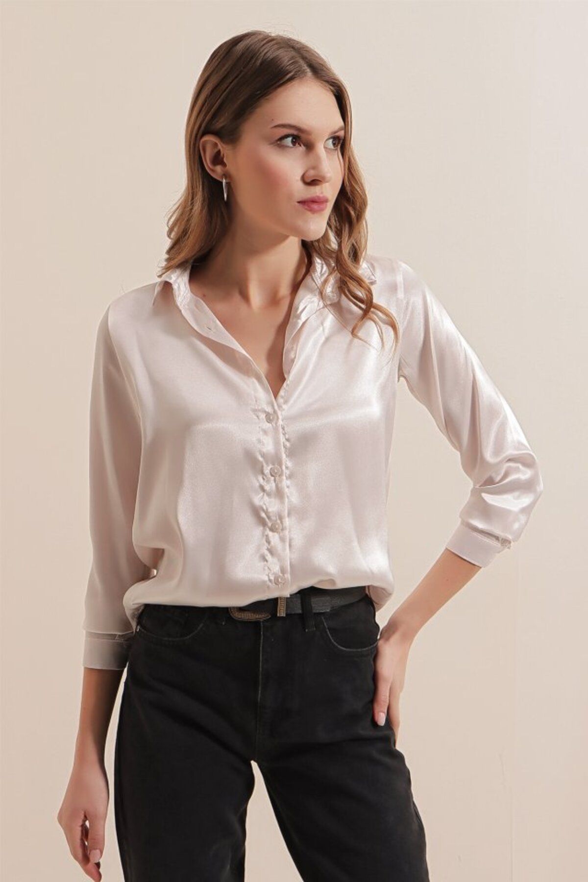 ARUZ MODA 3964 Hafif Dökümlü Saten Gömlek - Krem