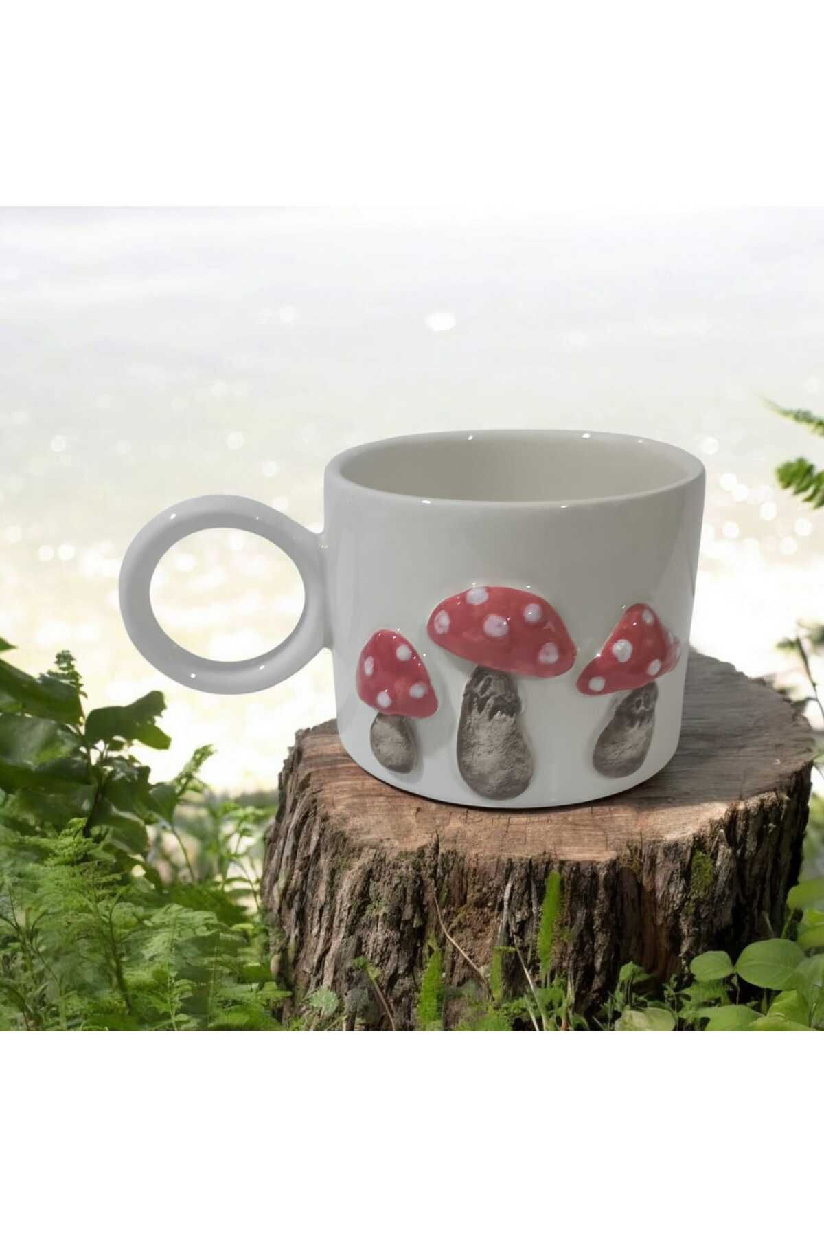 seda seramik El Yapımı Üç Boyutlu Mantarlı Kahve Kupa Bardak Mug 200 ml