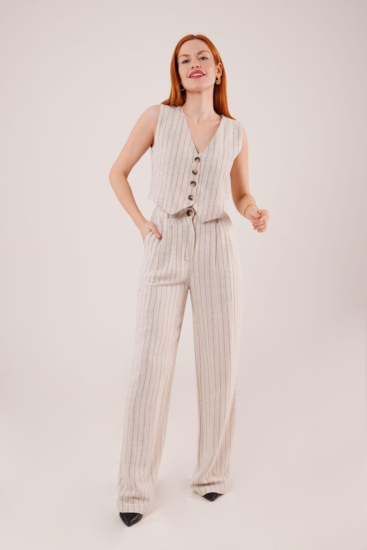 ARUZ MODA Yelek Ve Pantolon Siyah Şeritli İkili Takım