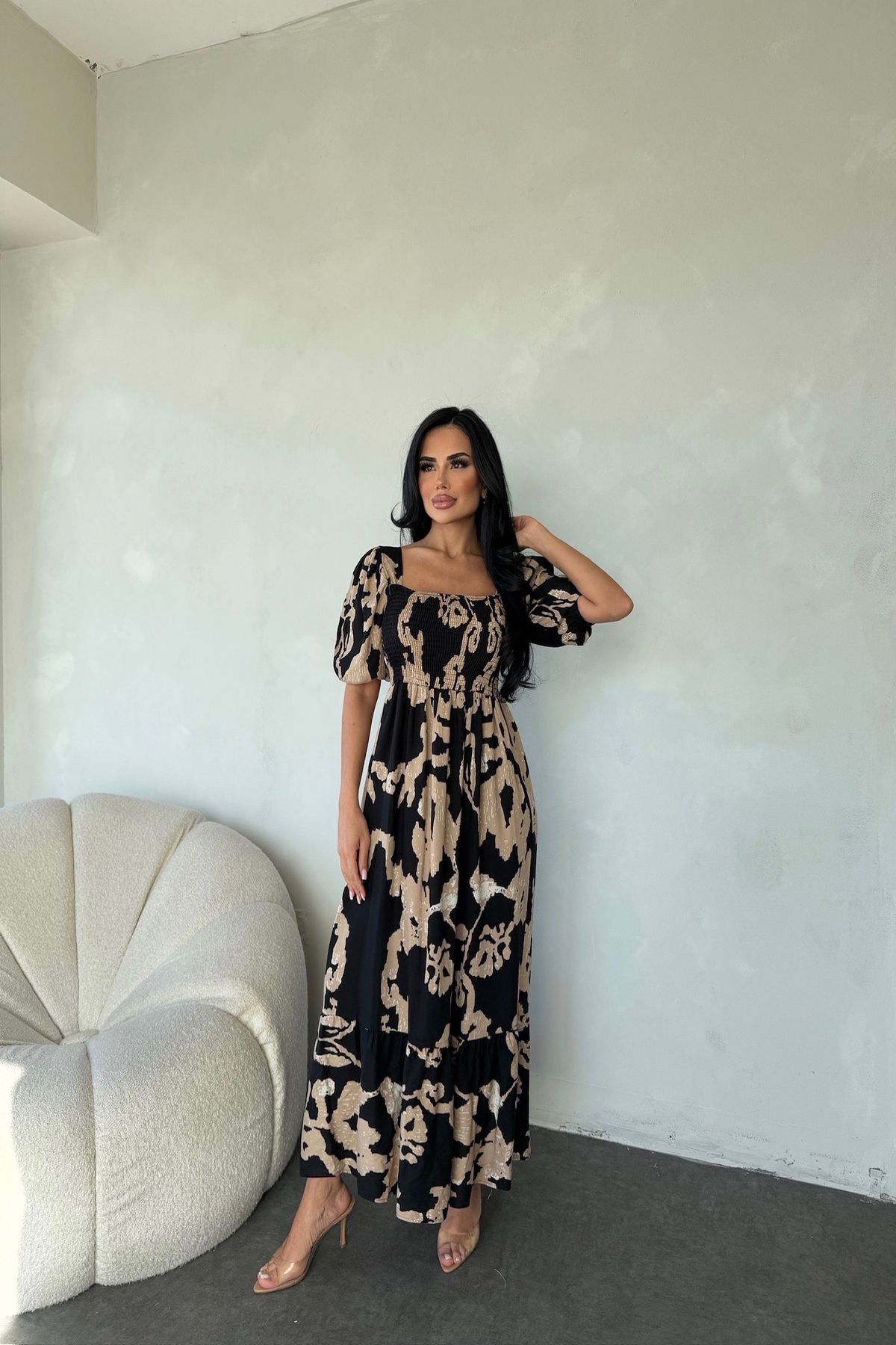kamacibutik Kare Yaka Viskon Kumaş Etnik Desenli Elbise ( Standart Beden S/M/L/XL Uyumlu)