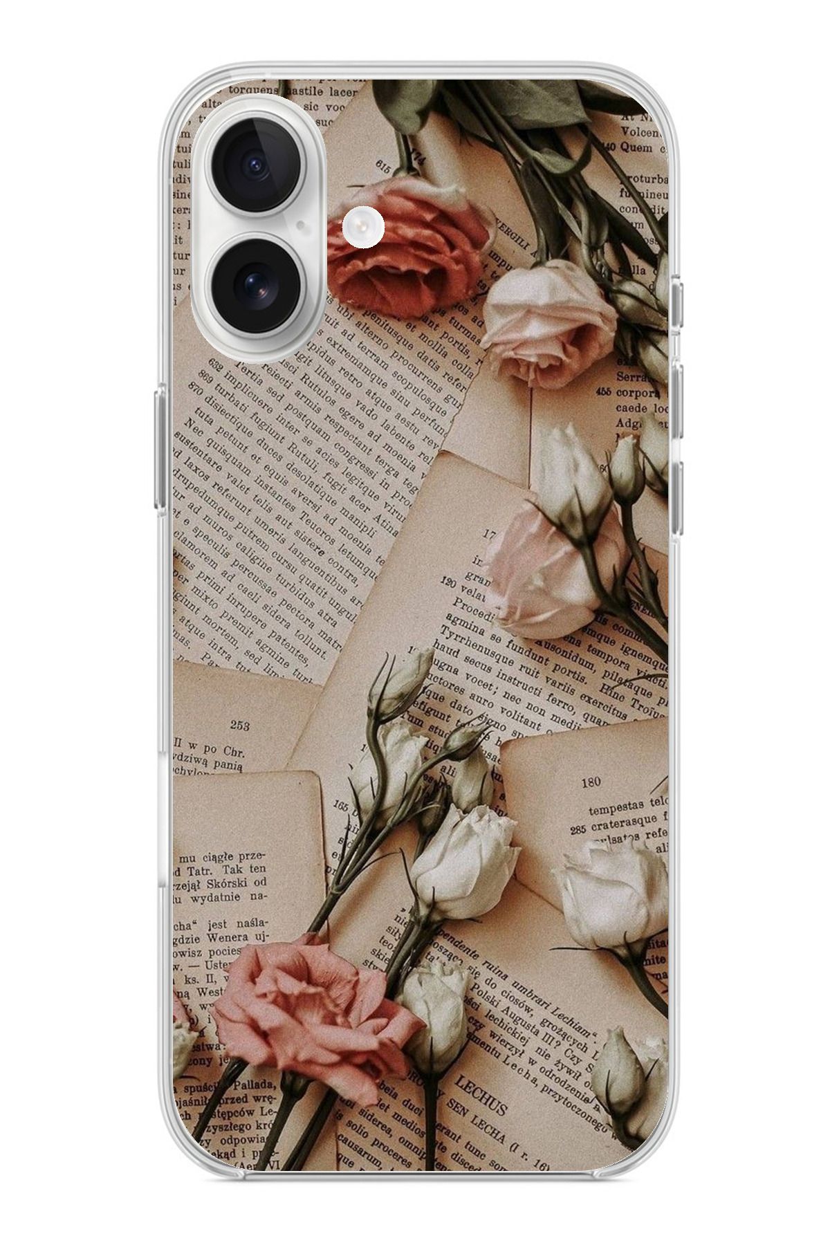 TechTree iPhone 16 PLUS Uyumlu Retro Gazete Güller Tasarımlı Şeffaf Silikon Kılıf