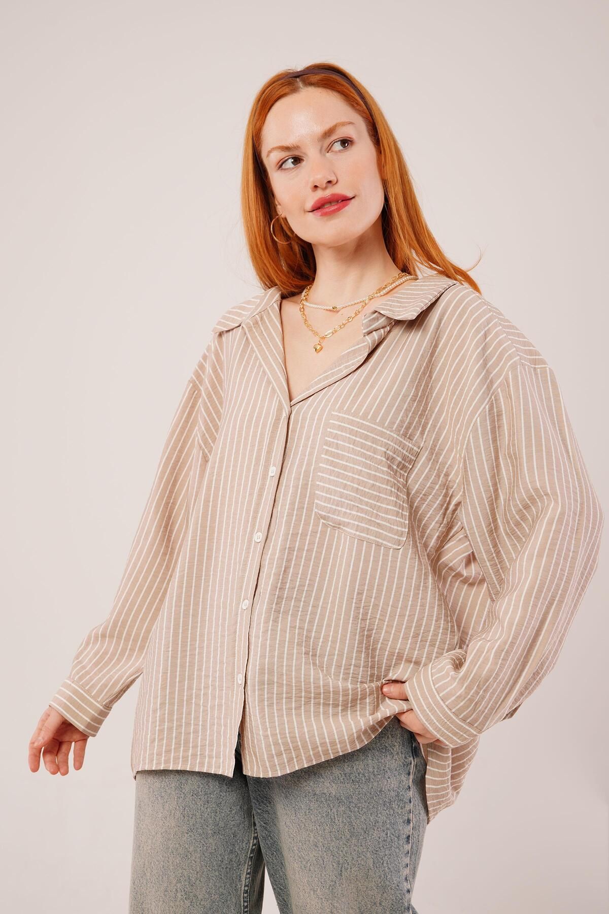 ARUZ MODA Çizgi Detaylı Cepli Camel Gömlek