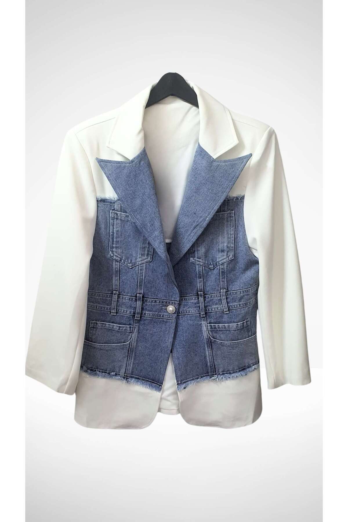STLB Denim Detaylı Tek Düğmeli İthal Ceket
