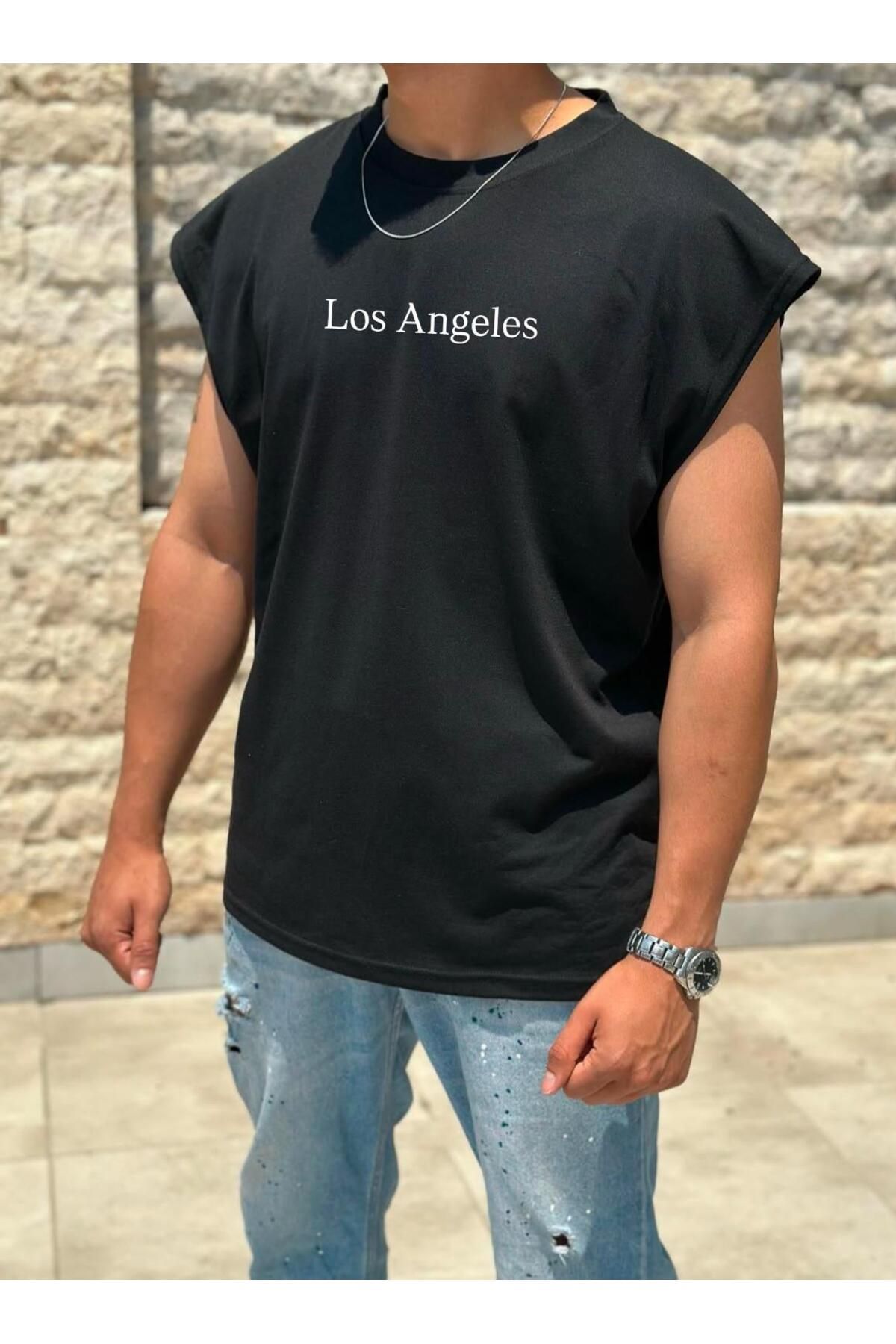 woonkey ERKEK OVERSİZE PENYE SİYAH LOS ANGELES BASKILI KOLSUZ BİSİKLET YAKA TİŞÖRT