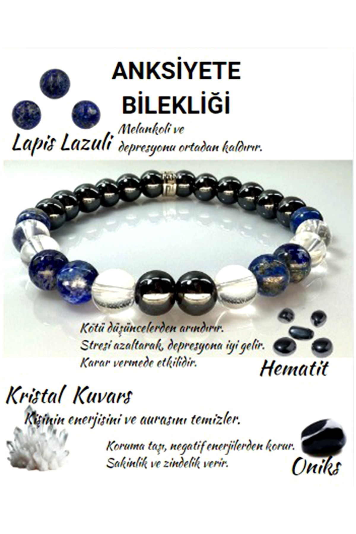 Jewel Göz Alıcı Doğallık: Lapis Lazuli, Kristal Kuvars, Hematit ve Oniks Taşlı Bileklik