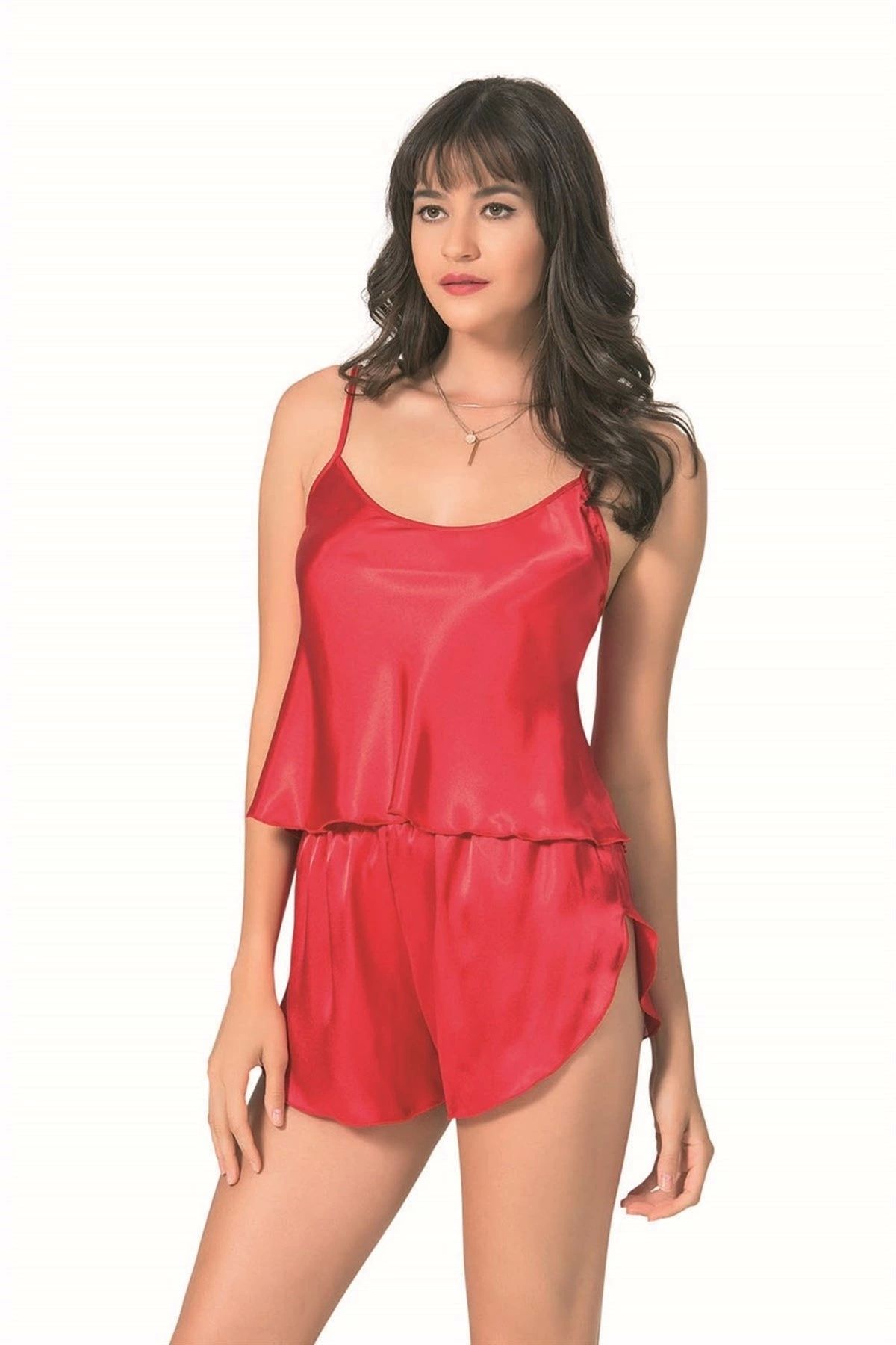 sepya Eterelle Zümrüt Saten Babydoll Şort Takımı