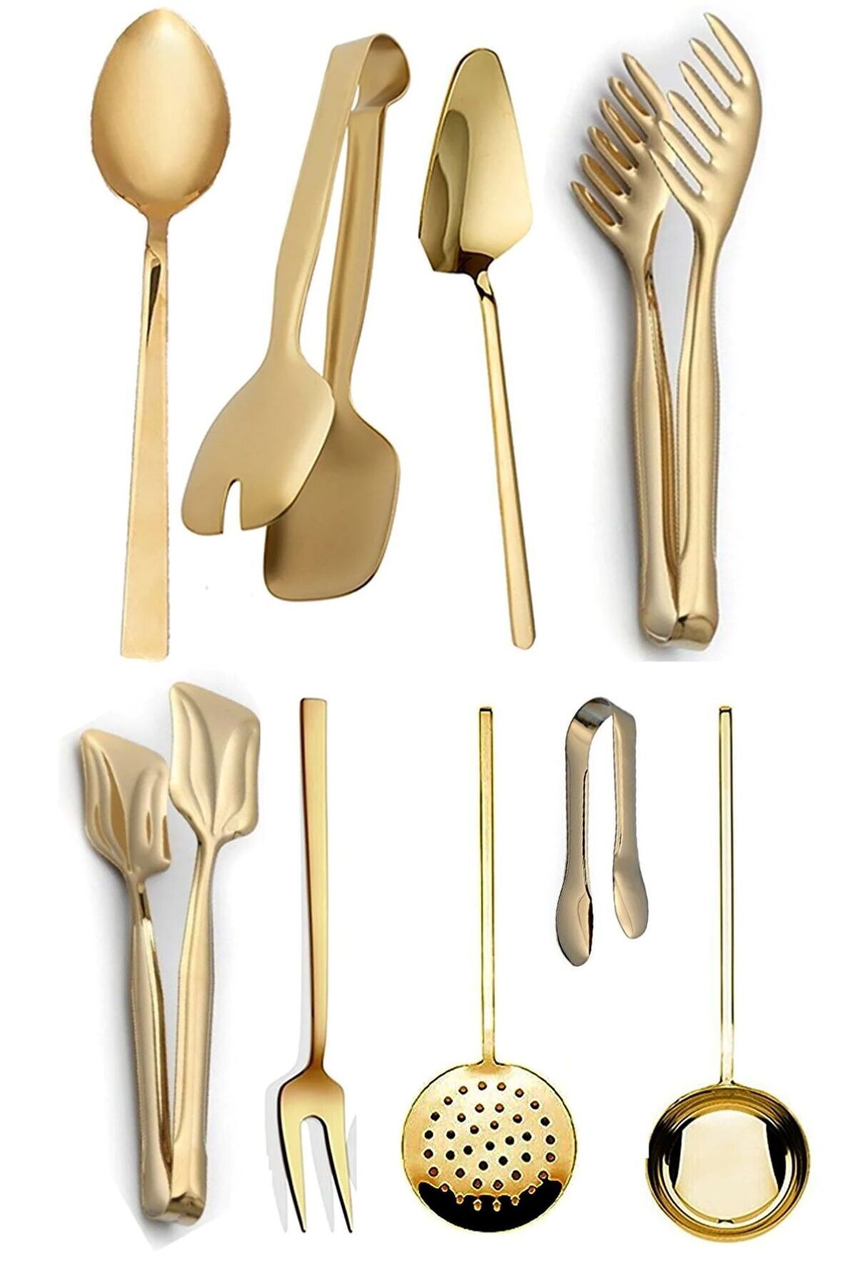 Parland 9 Parça Lux Gold Çelik Şık Servis Sunum Seti, Pasta, Salata, Makarna Maşa, Kepçe Seti