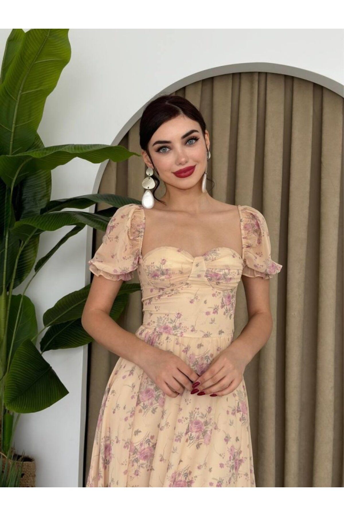 ARUZ MODA ŞİFON KUMAŞ DİJİTAL DESEN BASKILI ELBİSE
