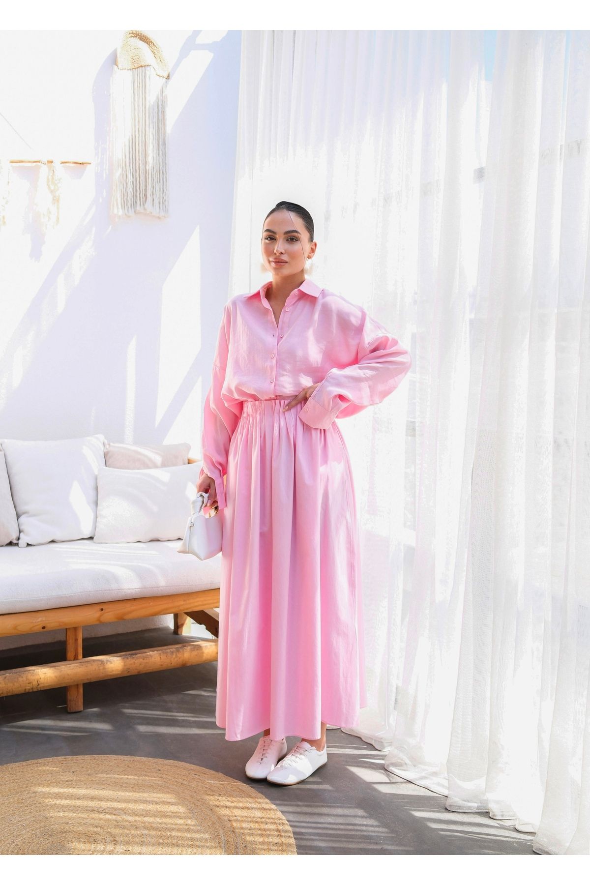 ENZOI Pembe Beli Lastikli Pileli Uzun Etek