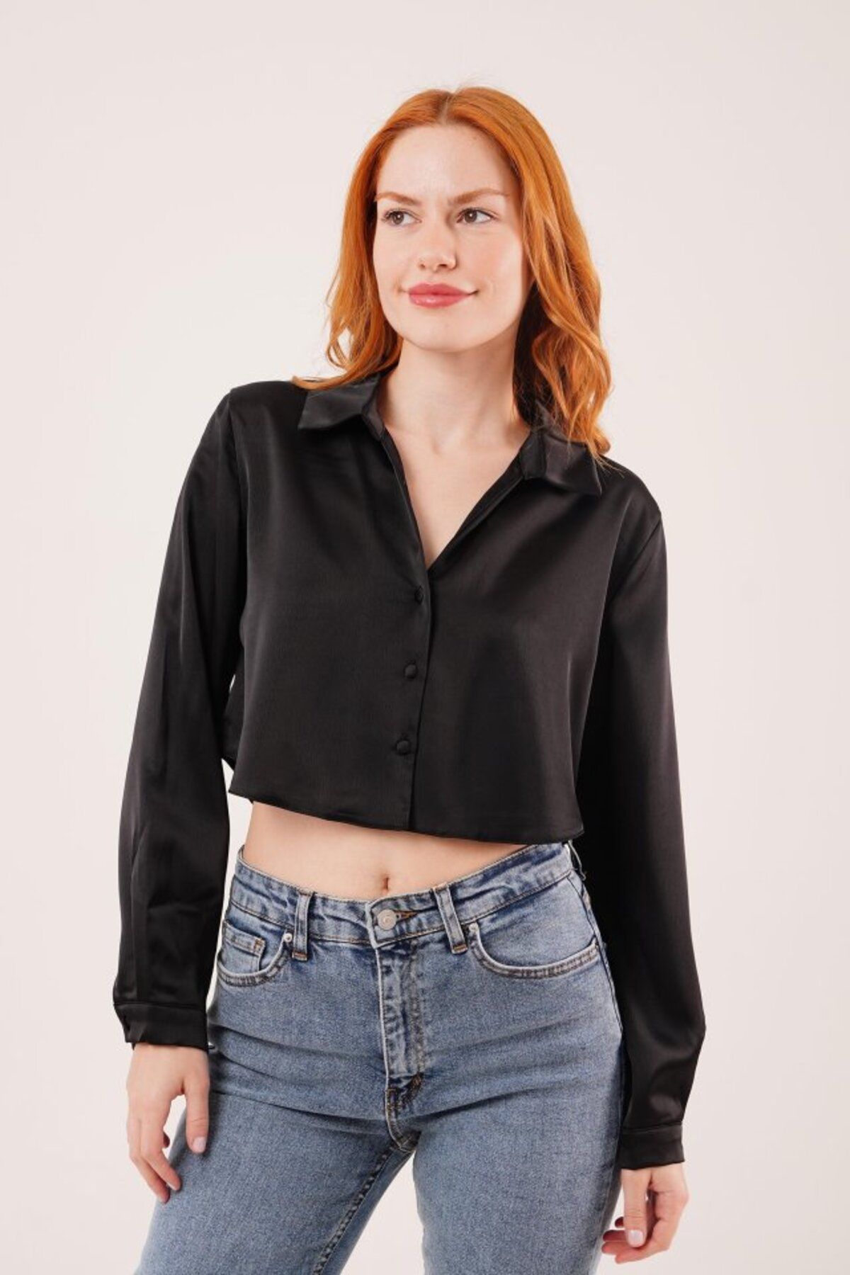 ARUZ MODA Saten Crop Model Siyah Gömlek
