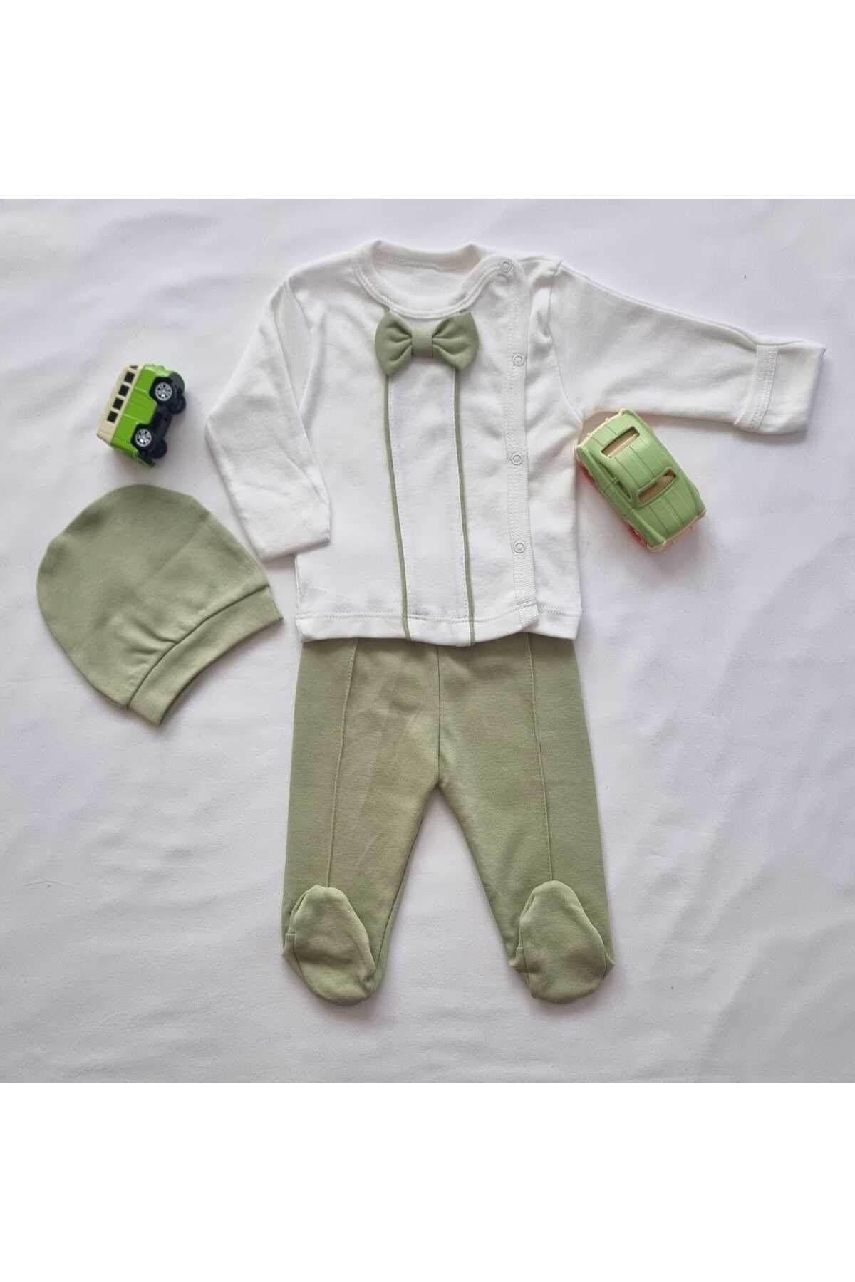 BABYSHMER %100 Pamuklu Papyon Detaylı 3'lü Bebek Takım