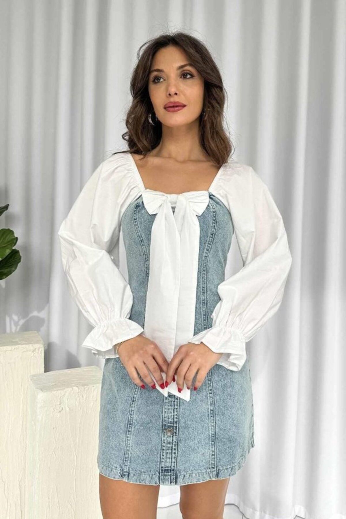 ARUZ MODA Mavi Önü Fiyoklu Kot Elbise