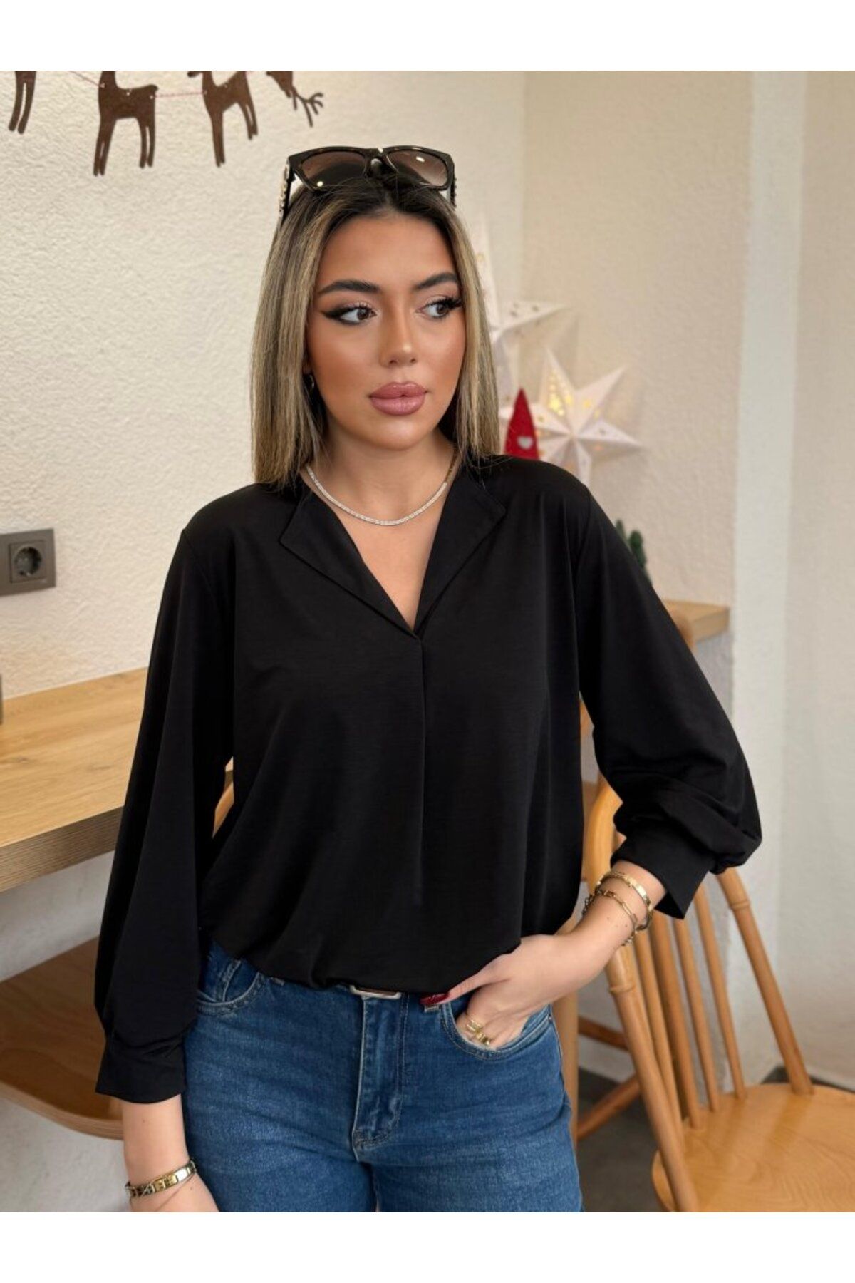 ARUZ MODA Kadın Uzun Kollu V Yakalı Sandy Bluz