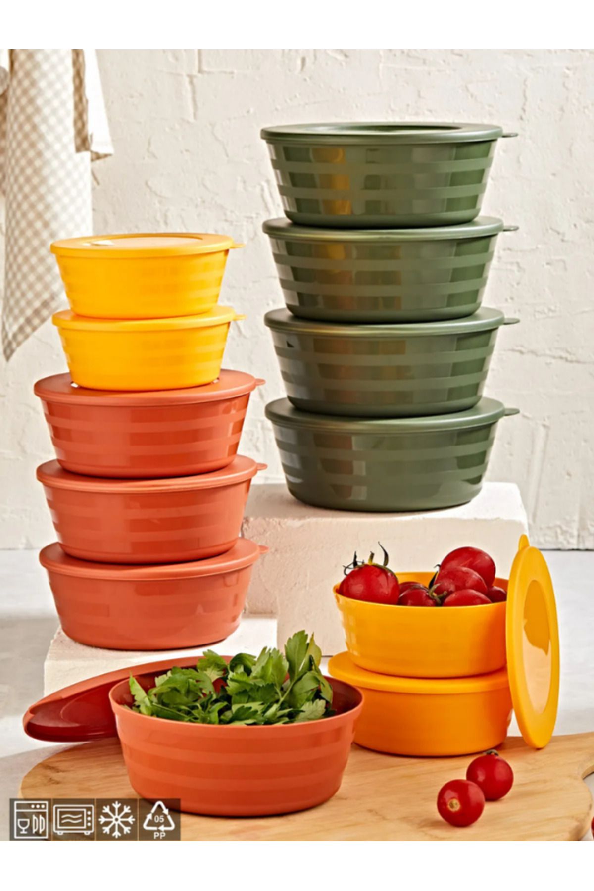GLOWART Ceramıc & Porcelaın & Kitchenware Mikrodalga Ve Difrizde Kullanılabilen Saklama Kabı Seti Yuvarlak 12 Li Set
