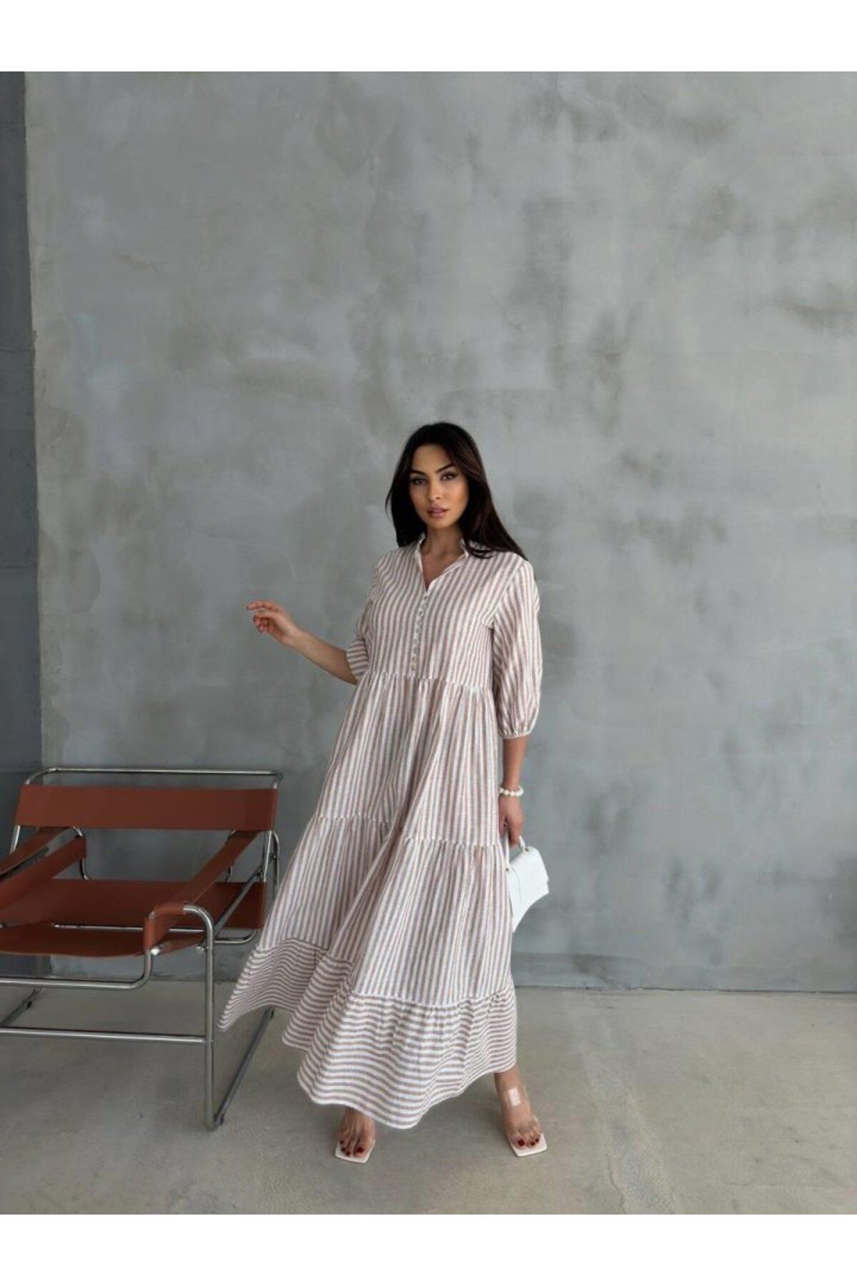 ARUZ MODA ÇİZGİLİ KETEN HAKİM YAKA DÜĞMELİ SALAŞ ELBİSE - Kahverengi