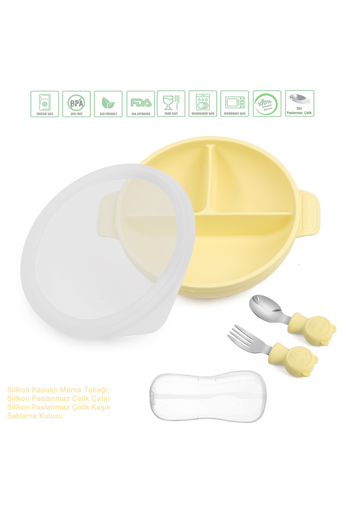 jojobebek Silikon Beslenme Seti Vakumlu Silikon Mama Tabağı Ve Paslanmaz Çelik Çatal Ve Kaşık / Sarı Renk