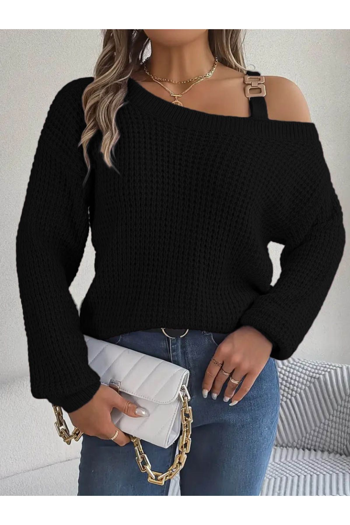 ARUZ MODA Kadın Uzun Kollu Tek Omuzu Açık Tokalı Triko Bluz