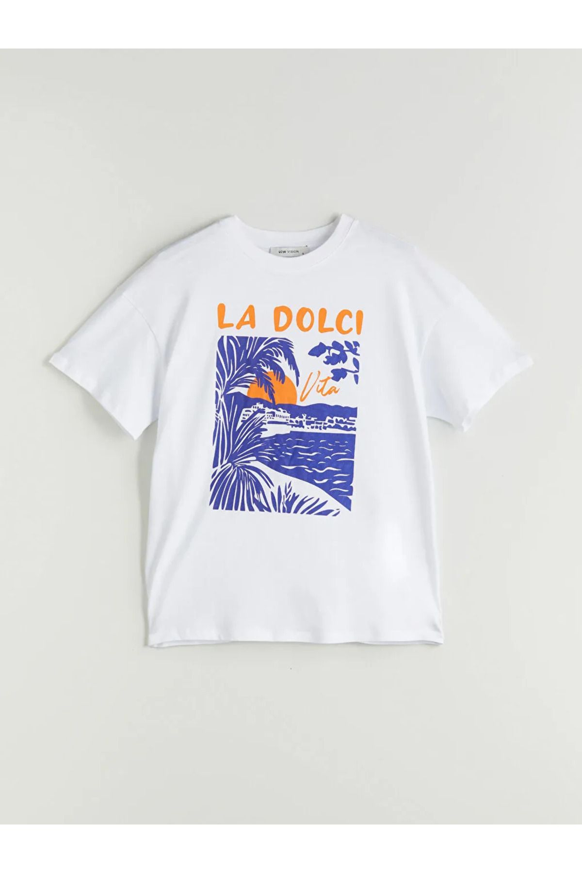 LC Waikiki LCW Vision Beyaz Bisiklet Yaka Baskılı Oversize Kadın Tişört