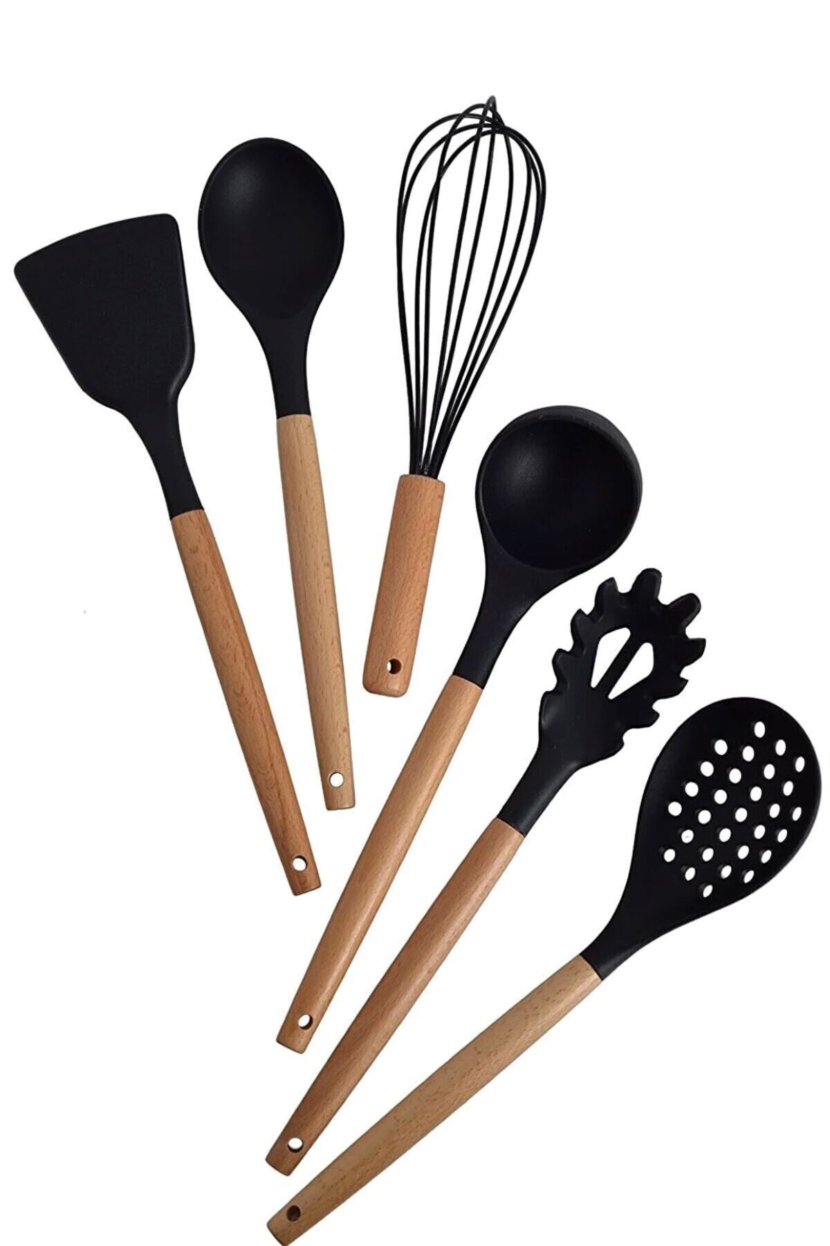 Parland 6 Parça Yanmaz Yapışmaz Bambu Saplı Silikon Kepçe Spatula Mutfak Pişirme Gereçleri Seti