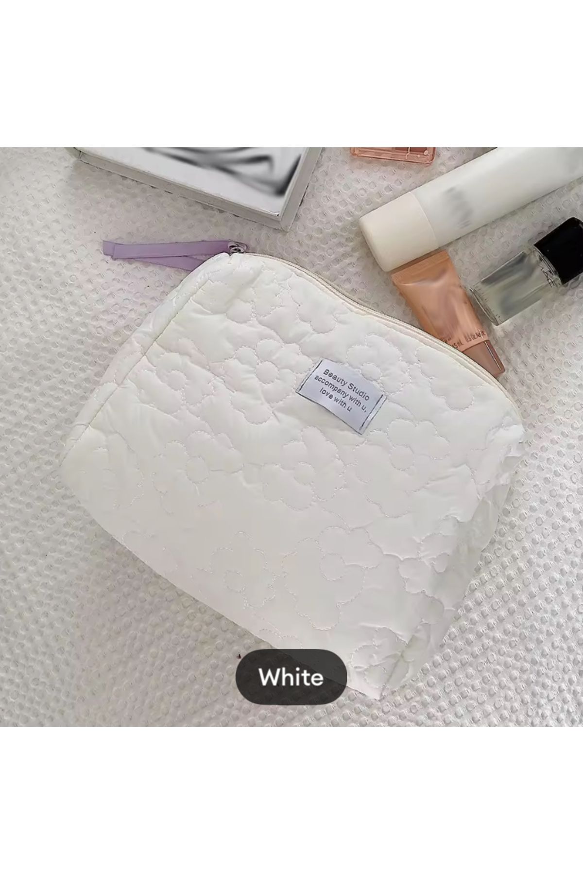 synshop Beyaz Makyaj Kozmetik Seyahat Çantası Çiçekli Yumuşak Büyük Boy 27x17cm