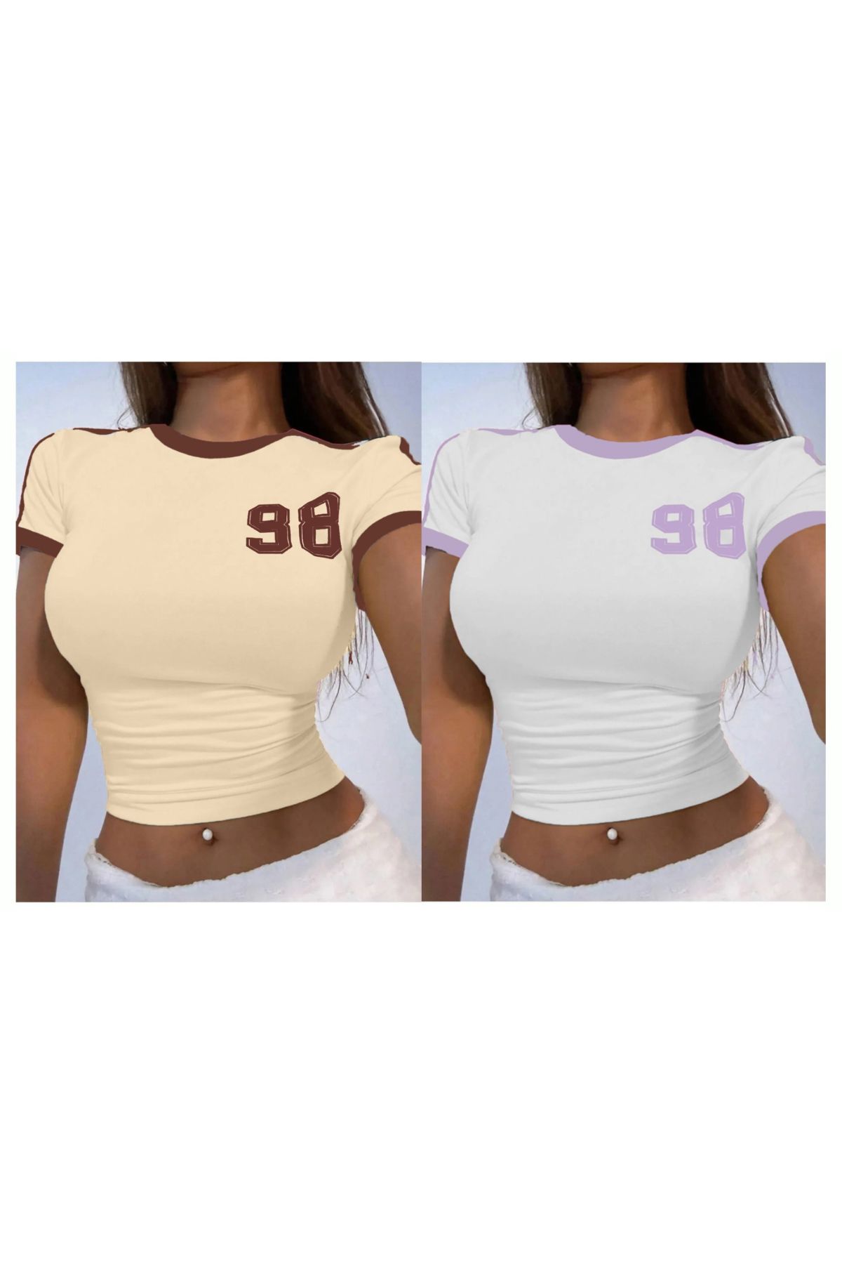 Machetta Kadın 98 Baskılı Askılı Crop Bluz 2'li Set