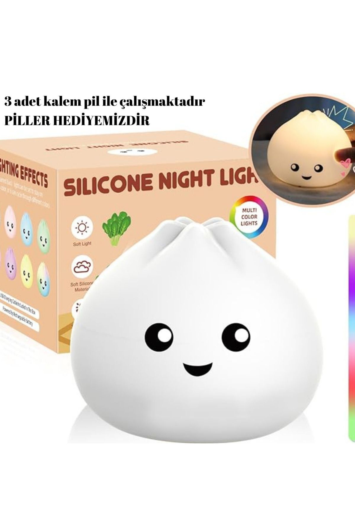 farissu Sevimli Köfte Lambası PİLLİ 7 Renk Değişen Bebek Uyku Lambası Gece Lambası