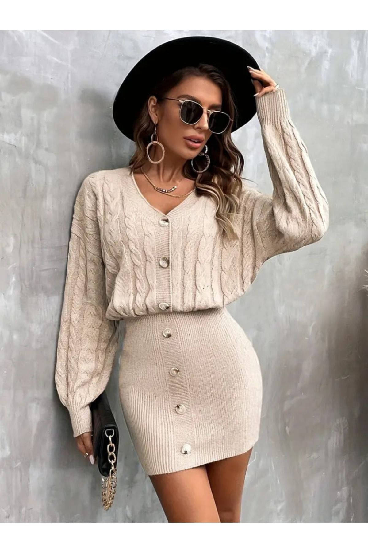 ARUZ MODA Kadın Uzun Kollu V Yakalı önden Düğmeli Kısa Triko Elbise