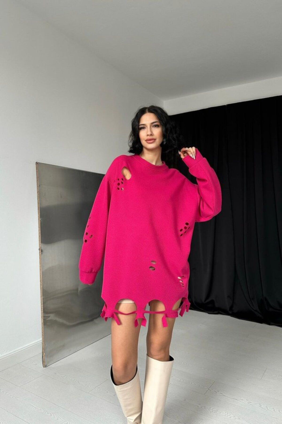 ARUZ MODA Fuşya Lazer Kesim Bluz