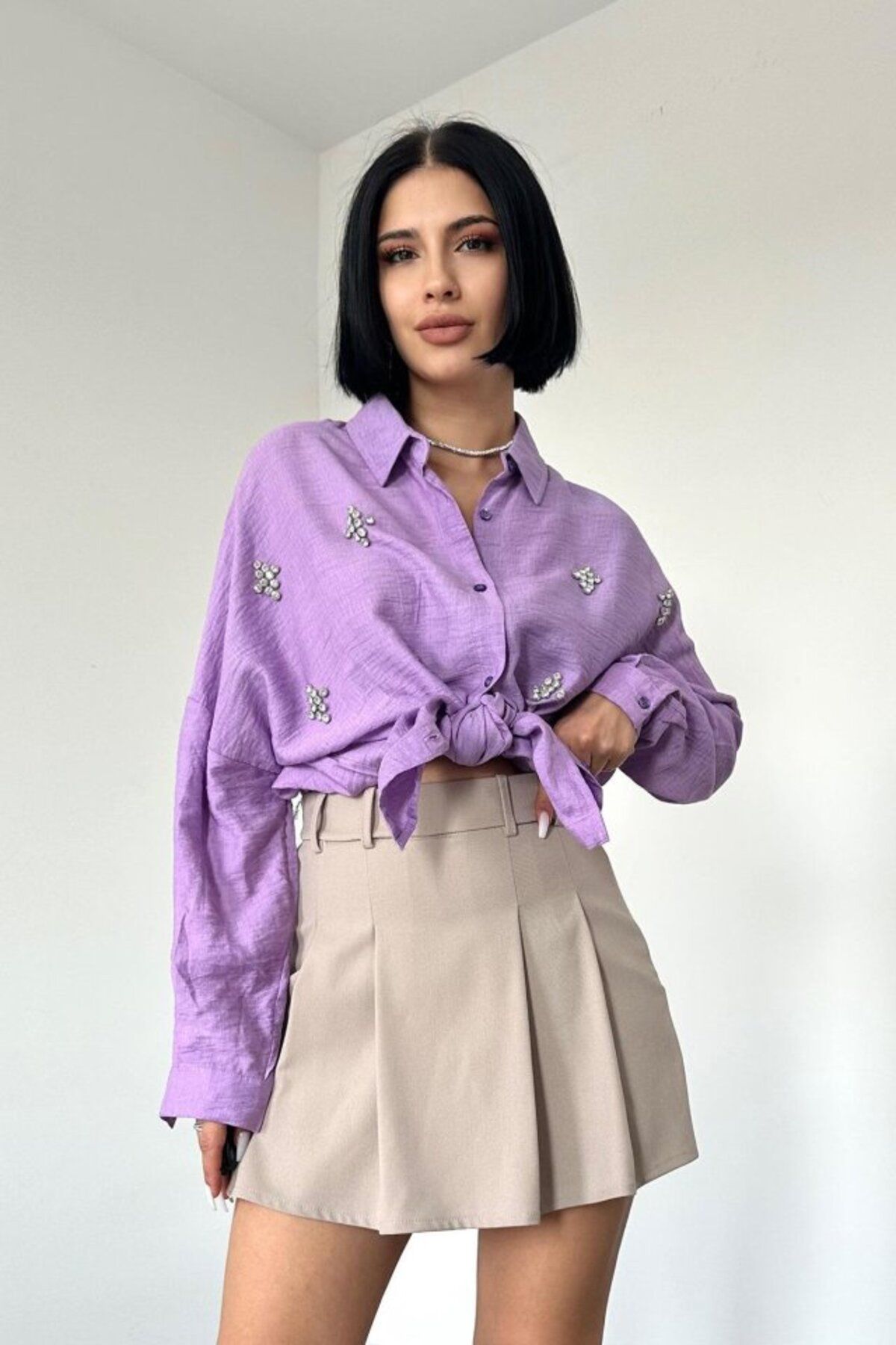 ARUZ MODA Lila Kristal Taşlı Gömlek