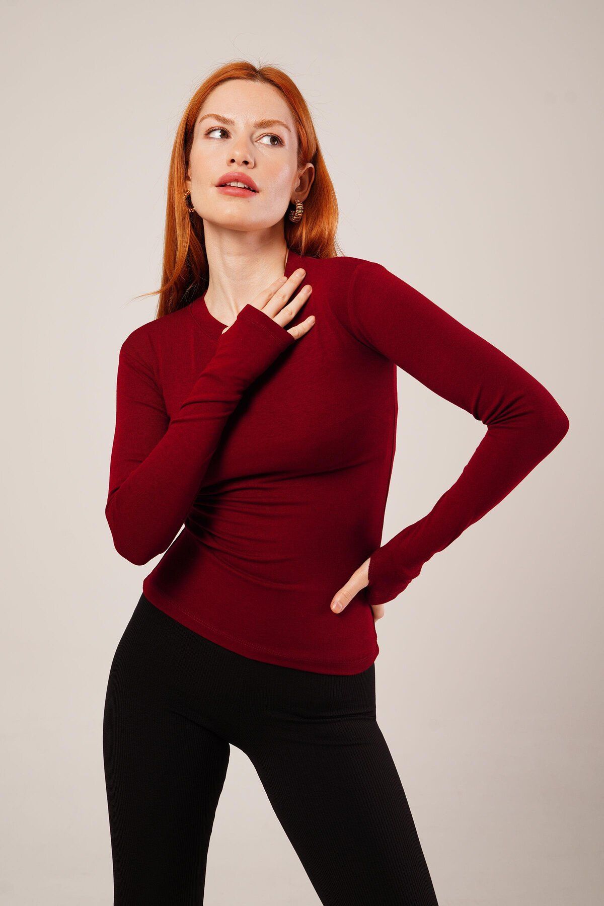 ARUZ MODA Uzun Kollu Basic Bordo Bluz