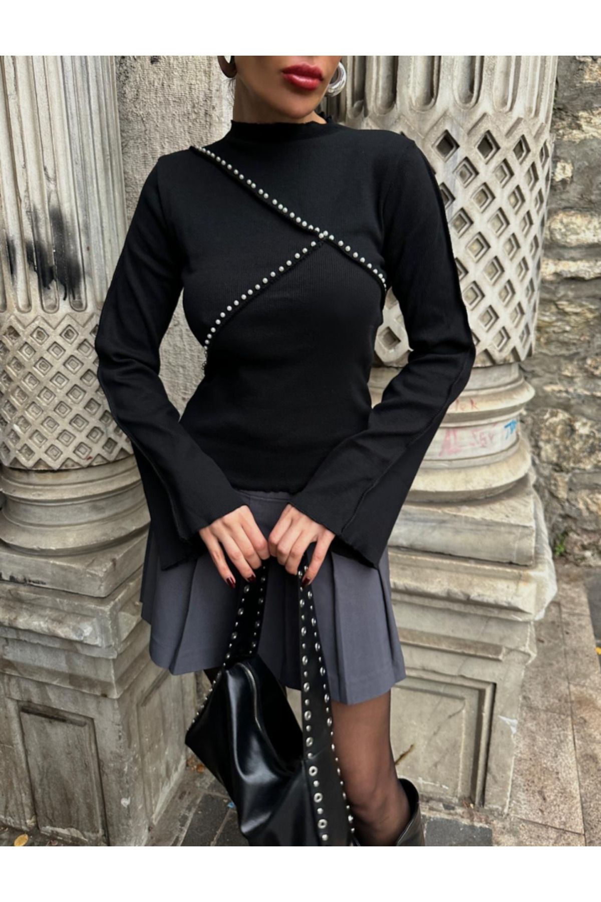 ARUZ MODA Kadın Uzun Kollu Bisiklet Yaka Inci Detay Bluz