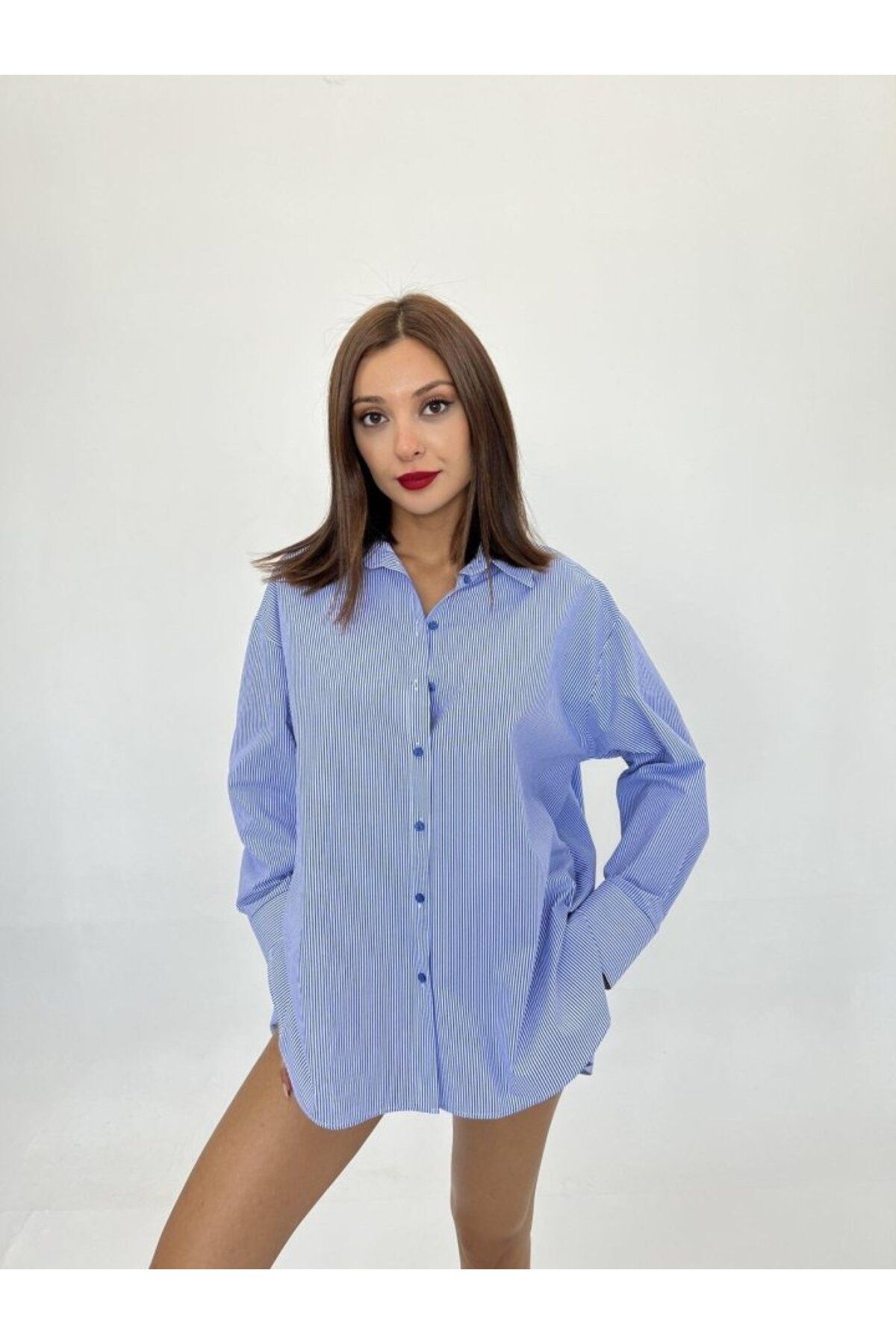 ARUZ MODA 5464 GÖMLEK-MAVİ BEYAZ ÇİZGİLİ