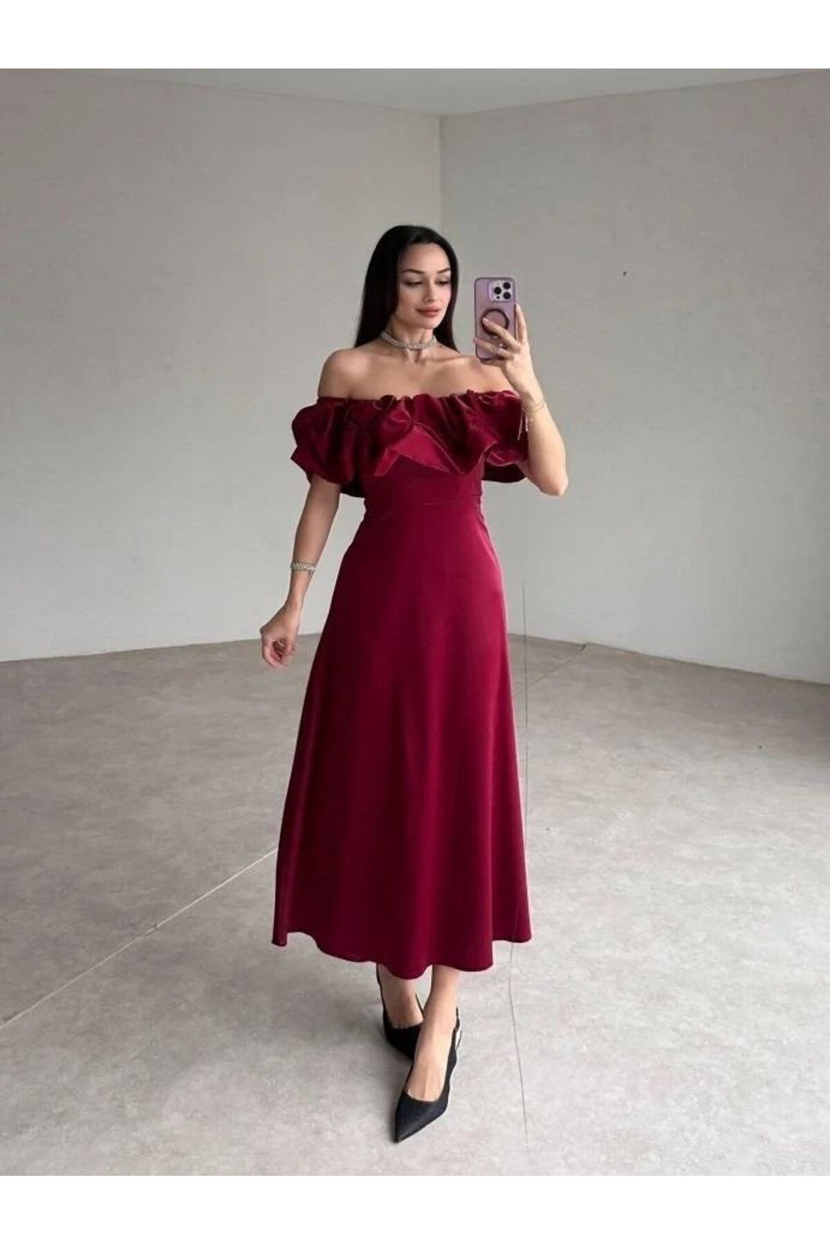 ARUZ MODA Bordo Omuz Büzgülü Saten Elbise