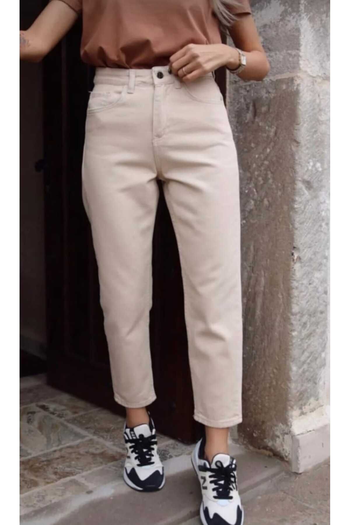 ButikSN collection Kadın Keten Pantolon Bej Düz Kesim Straight Yüksek Bel