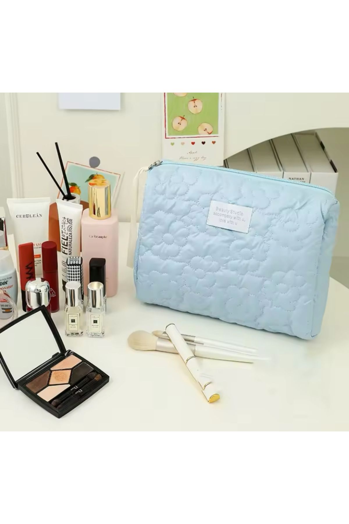 synshop Mavi Makyaj Kozmetik Seyahat Çantası Çiçekli Yumuşak Büyük Boy 27x17cm