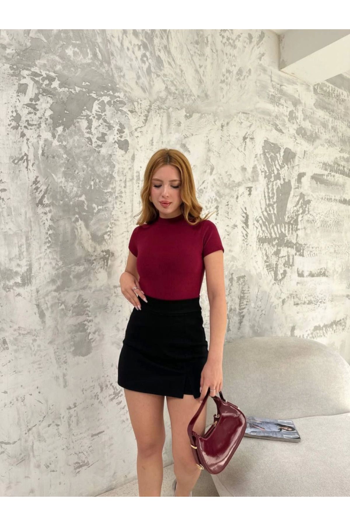 ARUZ MODA Kısa Kol Badi Bluz - Bordo
