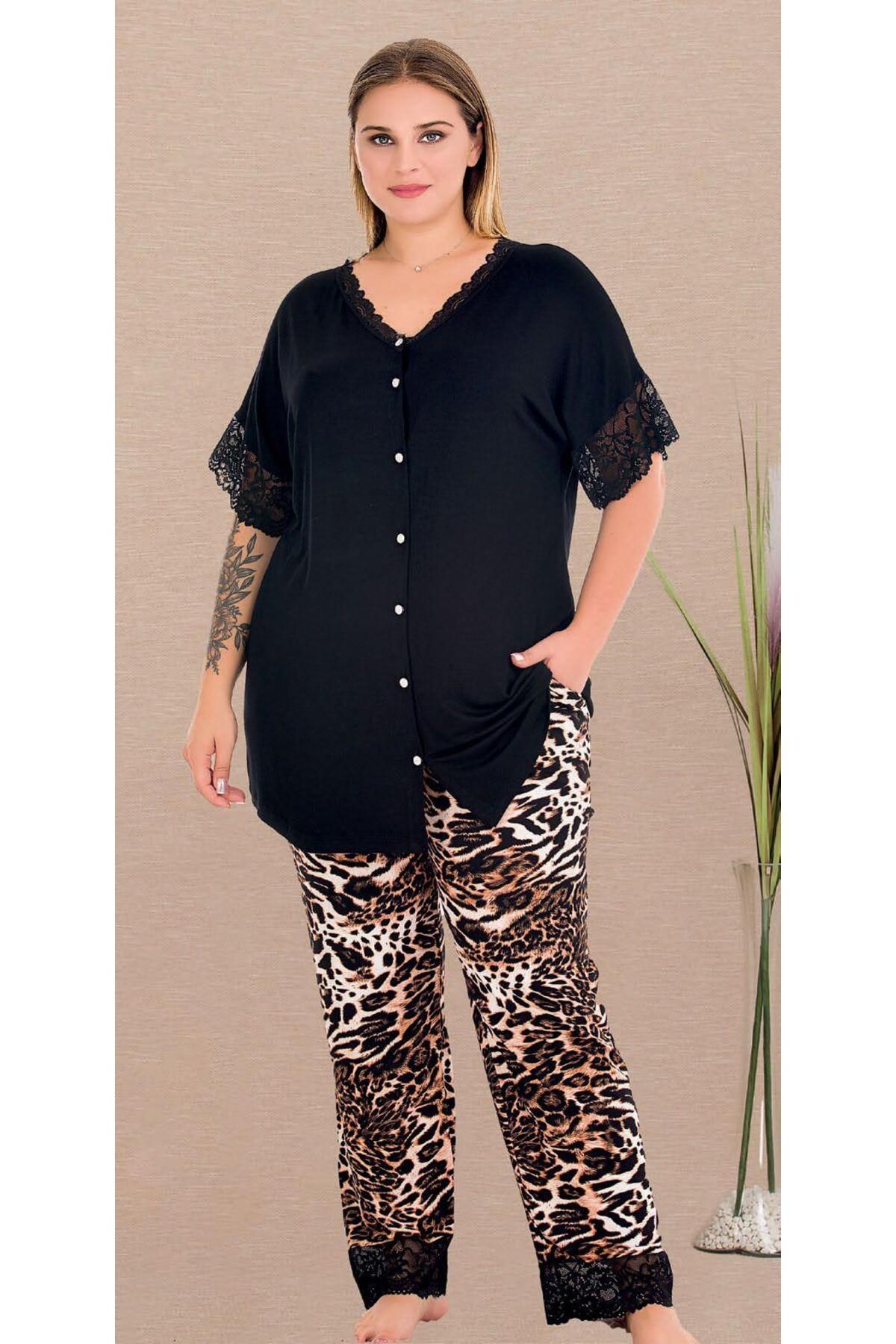 Lady Lingerie Kısa Kollu,Boydan Düğmeli,Leopar Desenli,Battal Beden Kadın Pijama Takımı