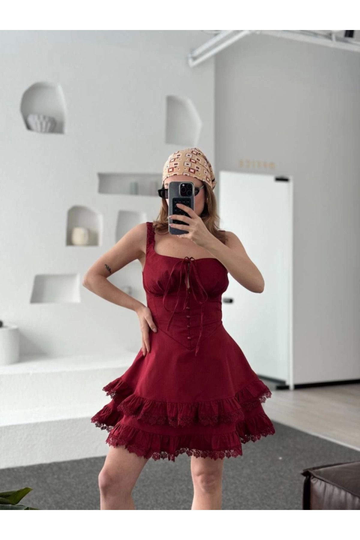 ARUZ MODA Fırfırlı Askılı Mini Elbise - Bordo