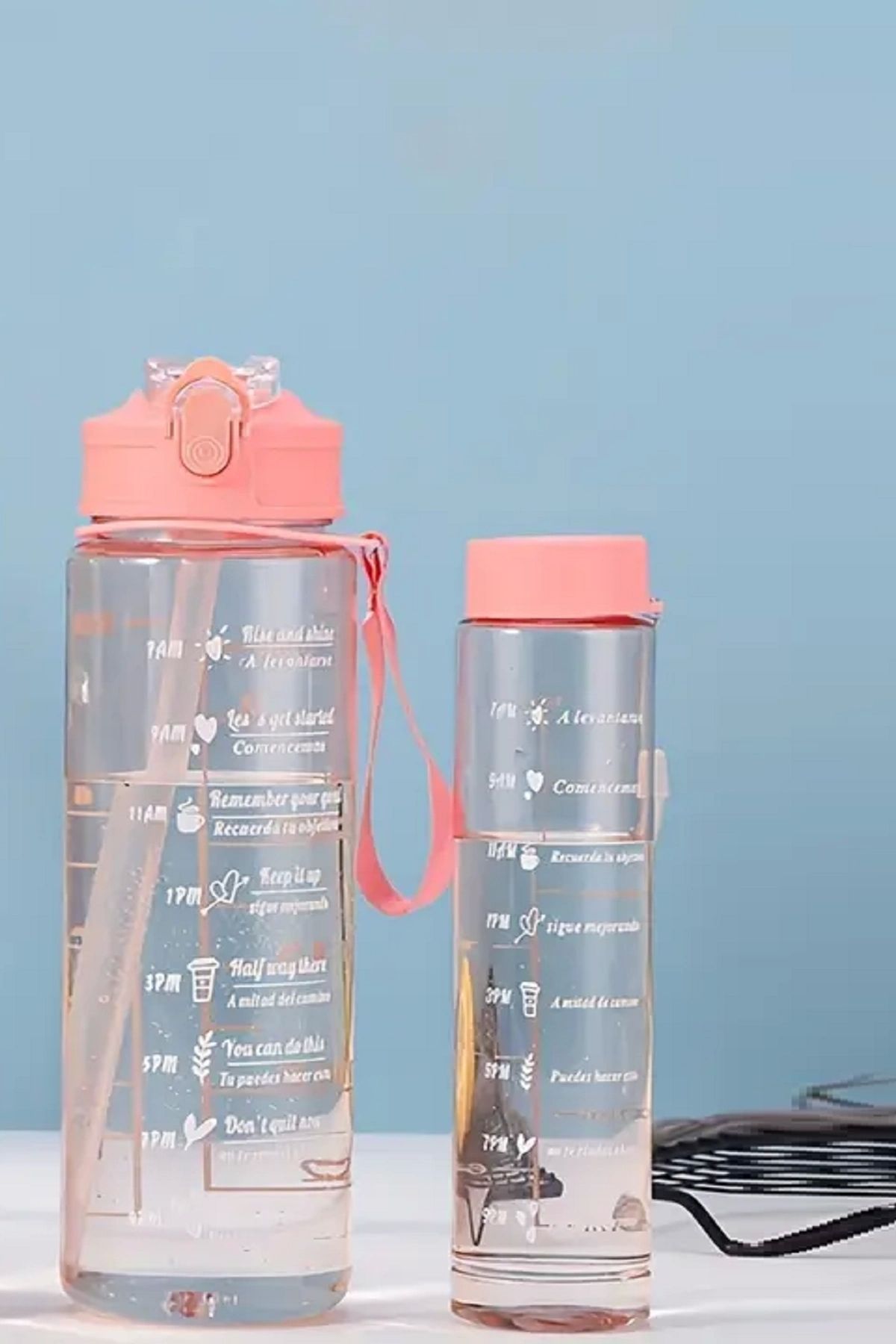 Berdina Home 2'li Motivasyonel Sporcu Su Şişesi Tritan Suluk Su Matarası Pipetli Stickerlı Suluk 900+500ml