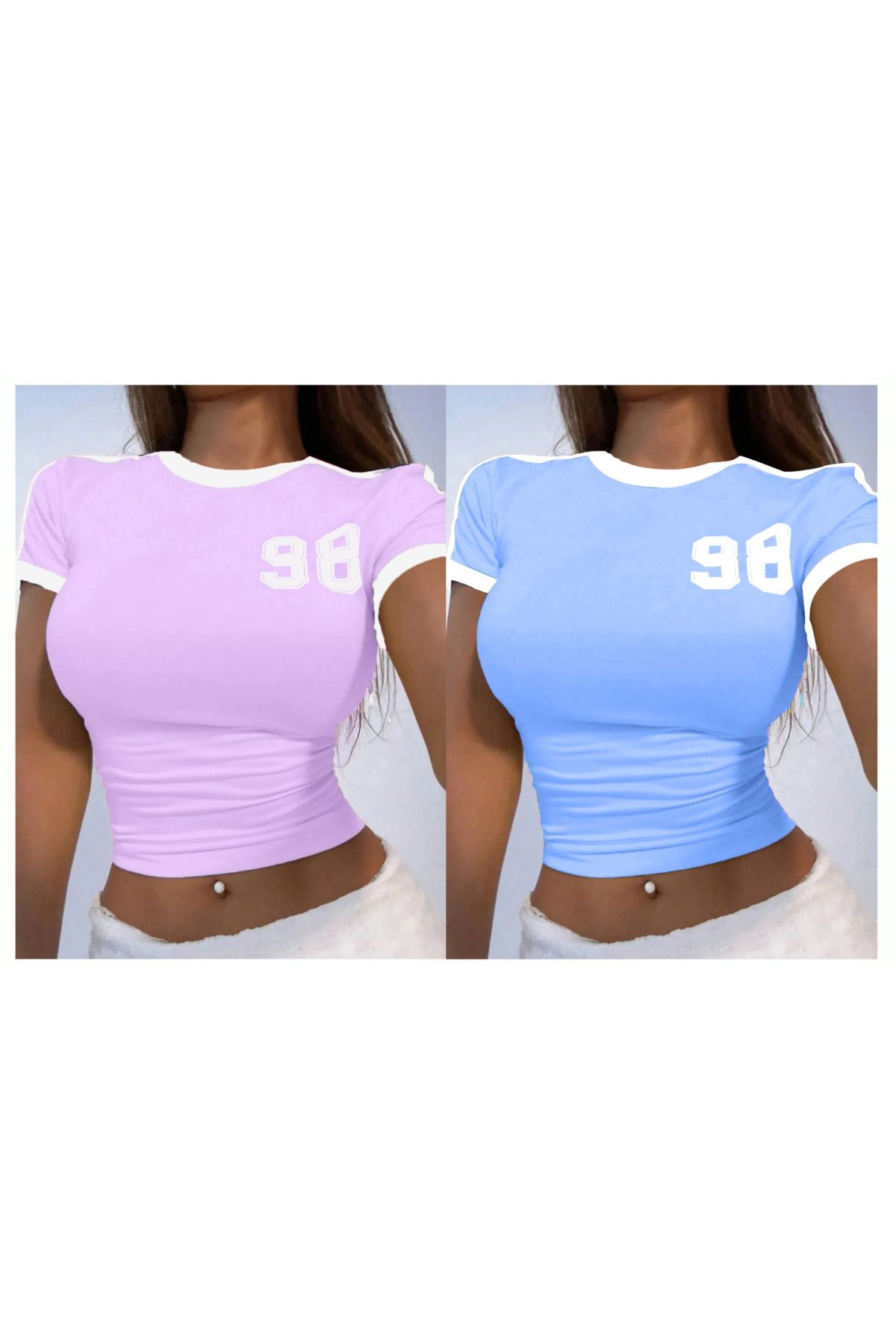 Machetta Kadın 98 Baskılı Askılı Crop Bluz 2'li Set