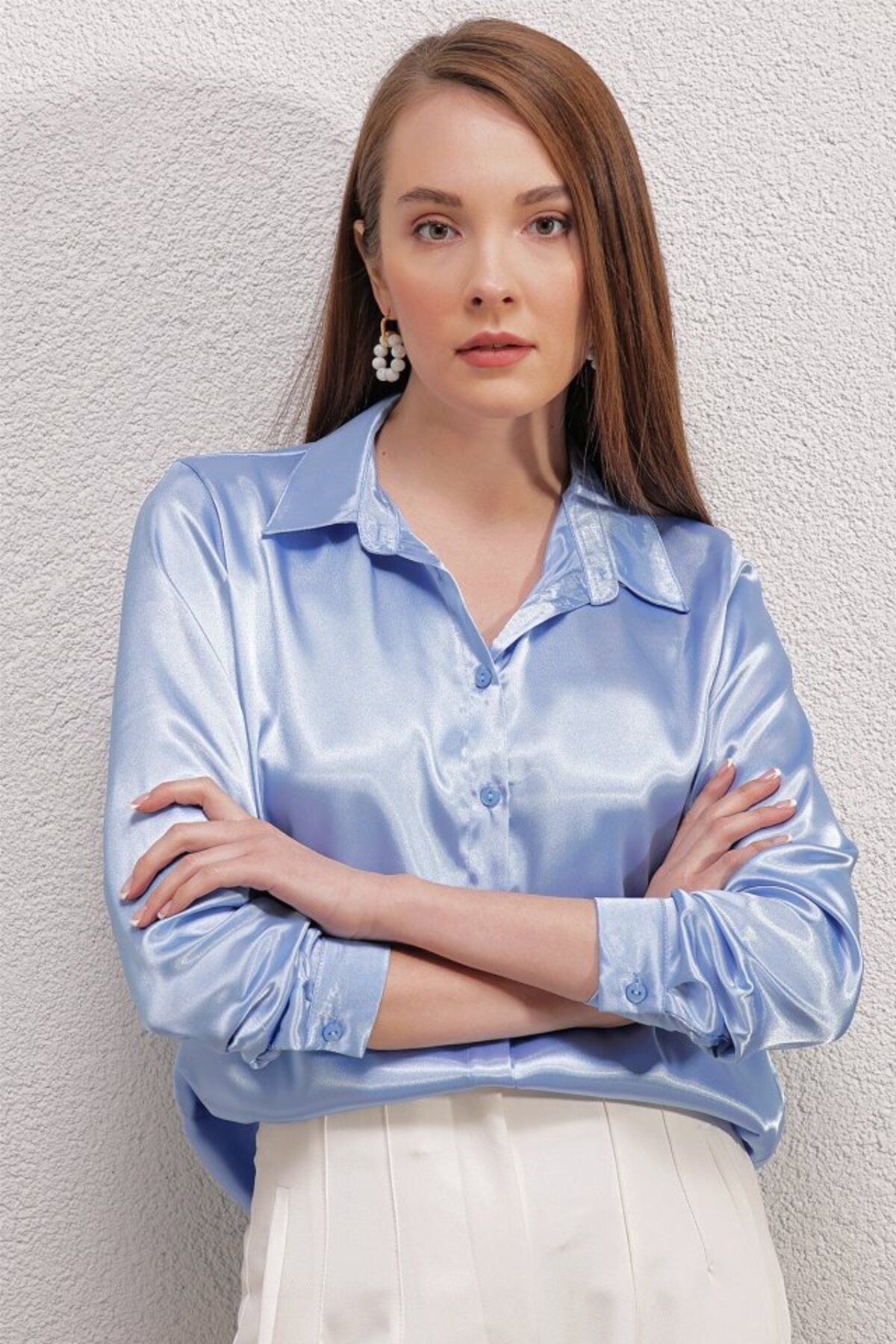 ARUZ MODA 3964 Hafif Dökümlü Saten Gömlek - Mavi