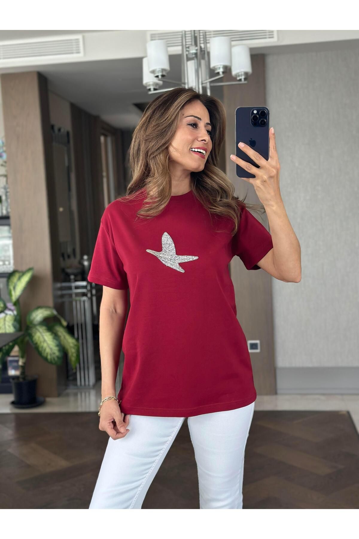 Forlady4 Bordo Kuş Taşlı Bisiklet Yaka Kısa Kol Kadın T-Shirt