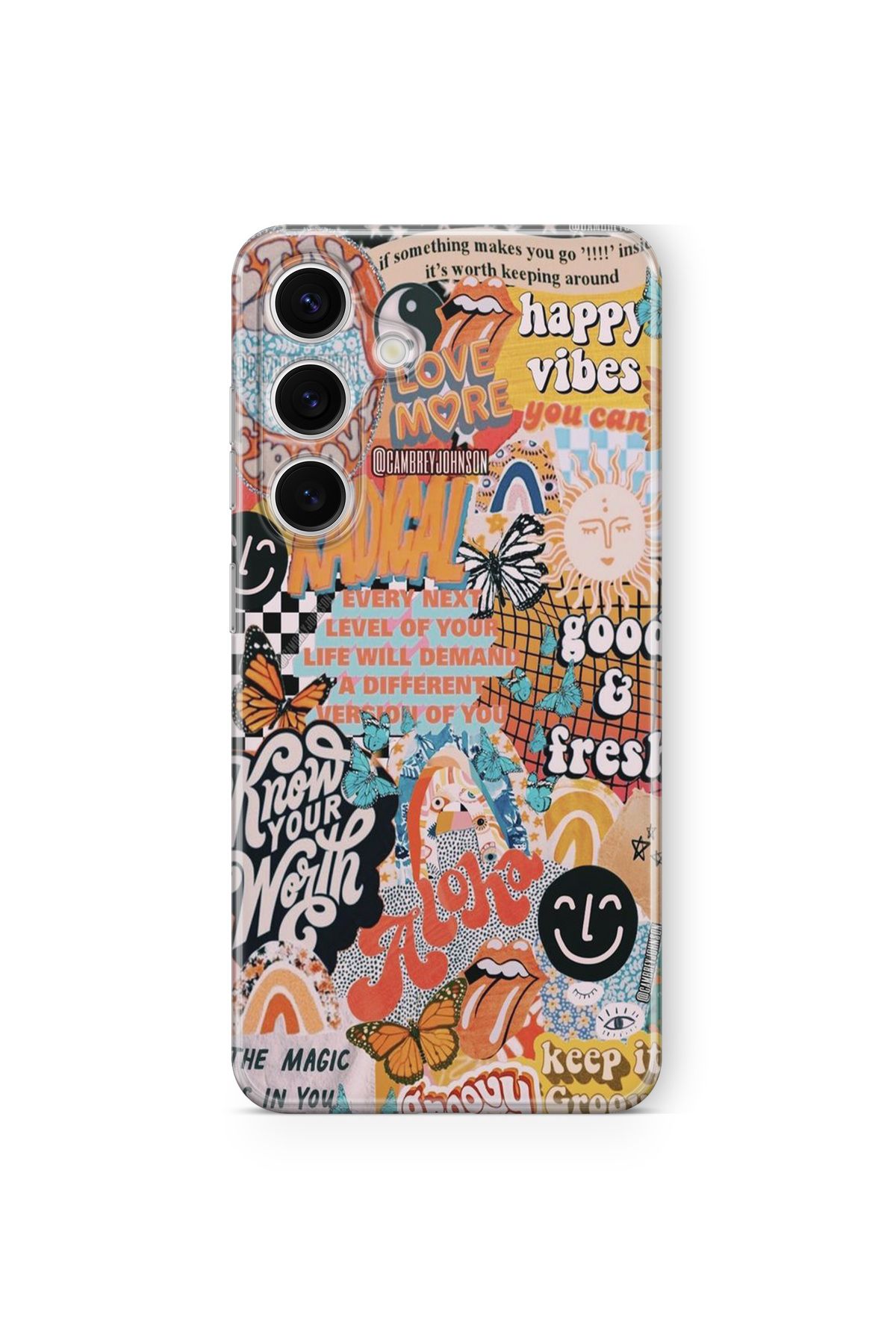 Space Star Samsung Galaxy A14 Uyumlu Happy Vibes Kolaj Tasarım Baskılı Şeffaf Kılıf