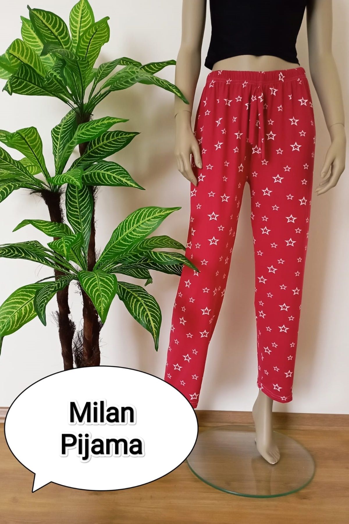 VİP BERA TEKSTİL Kadın Milan Kumaş Yıldız Desenli Rahat Kesim Yumuşak Esnek Pijama Altı