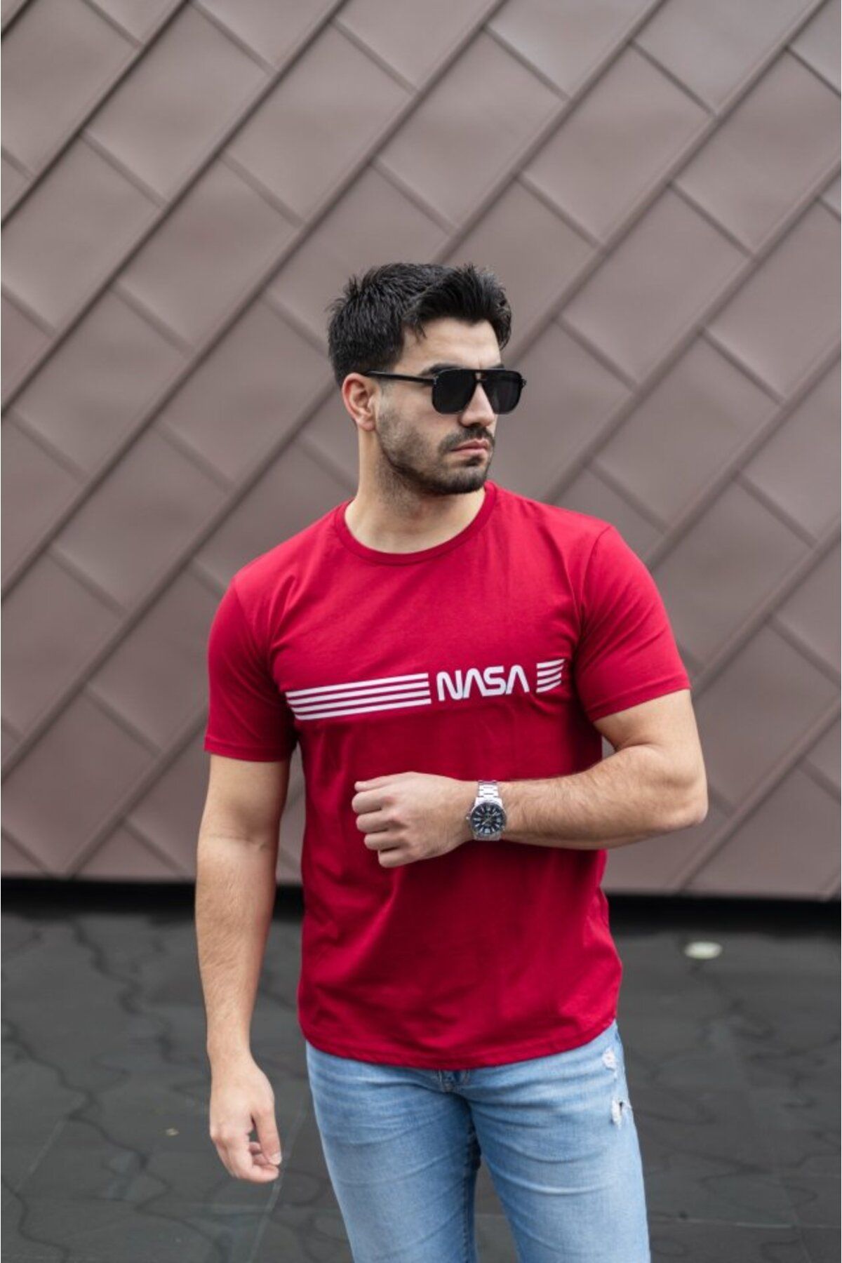 ARUZ MODA Erkek Kısa Kollu Nasa Baskı Basic Erkek T-shirt
