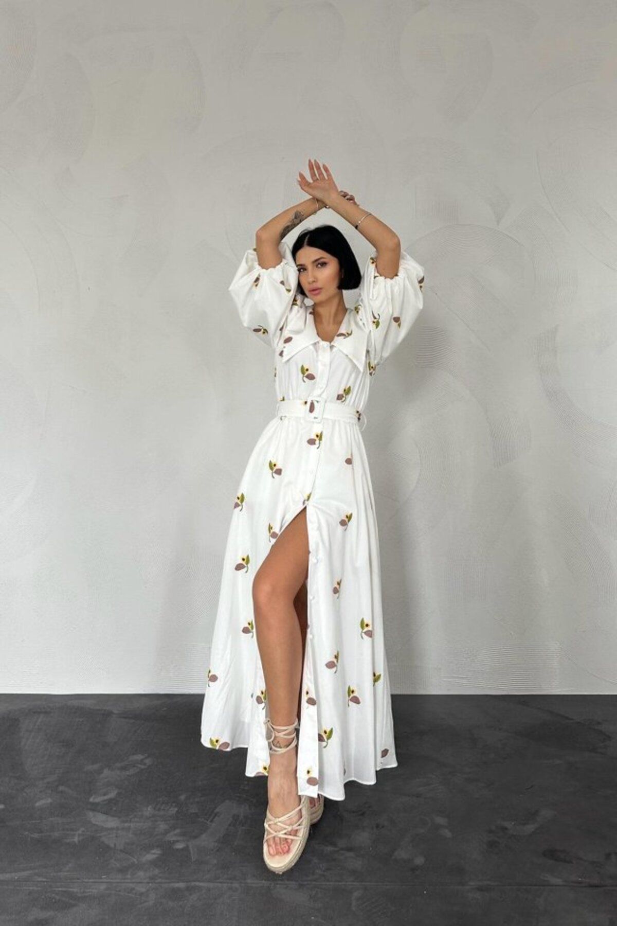 ARUZ MODA Kahverengi Yakası Çiçek Motifli Kemerli Elbise