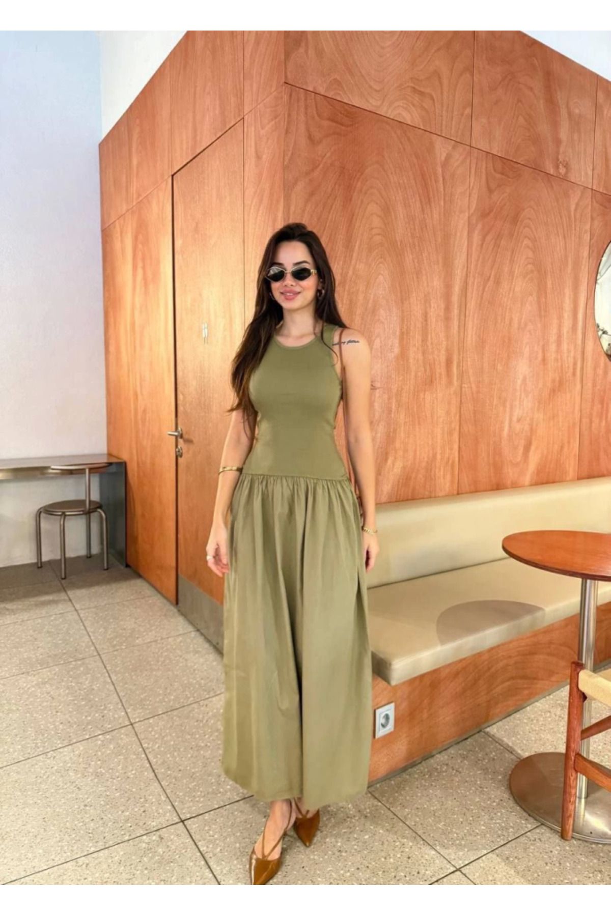 ARUZ MODA Kolsuz Uzun Elbise - Haki